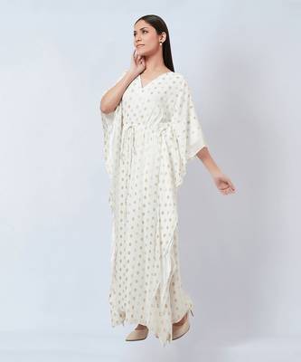 Ivory Lurex With Polka Dot Motifs Full Length Kaftan 4