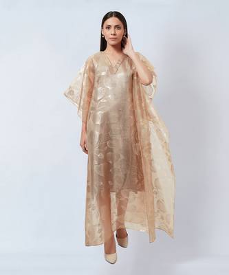 Gold Floral Embossed Organza Full Length Kaftan With Satin Slip 1