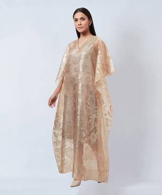 Gold Floral Embossed Organza Full Length Kaftan With Satin Slip 2