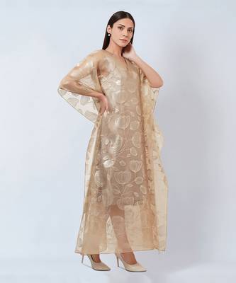 Gold Floral Embossed Organza Full Length Kaftan With Satin Slip 3