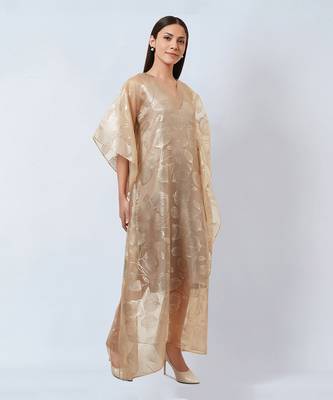 Gold Floral Embossed Organza Full Length Kaftan With Satin Slip 4