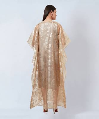 Gold Floral Embossed Organza Full Length Kaftan With Satin Slip 5