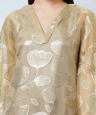 Gold Floral Embossed Organza Full Length Kaftan With Satin Slip 6
