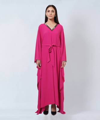 Bright Pink Embroidered Neckline Full Length Kaftan With Belt 1