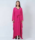 Bright Pink Embroidered Neckline Full Length Kaftan With Belt