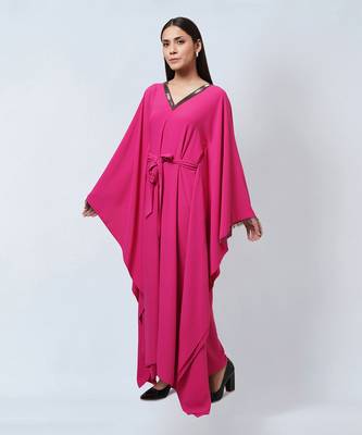 Bright Pink Embroidered Neckline Full Length Kaftan With Belt 2