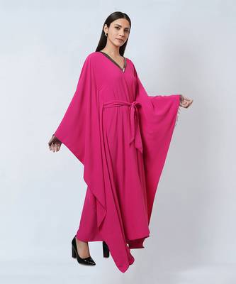 Bright Pink Embroidered Neckline Full Length Kaftan With Belt 3
