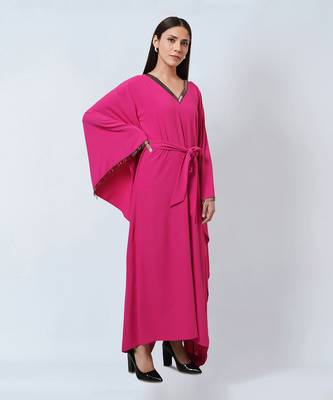 Bright Pink Embroidered Neckline Full Length Kaftan With Belt 4