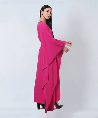 Bright Pink Embroidered Neckline Full Length Kaftan With Belt 5