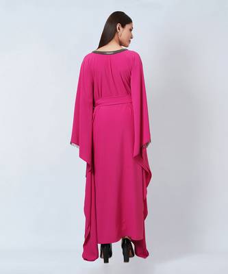 Bright Pink Embroidered Neckline Full Length Kaftan With Belt 6