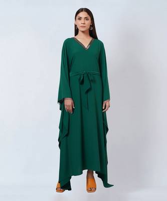 Pine Green Embroidered Neckline Full Length Kaftan With Belt 1