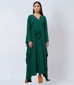Pine Green Embroidered Neckline Full Length Kaftan With Belt