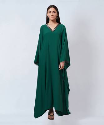 Pine Green Embroidered Neckline Full Length Kaftan With Belt 2