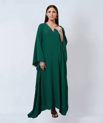 Pine Green Embroidered Neckline Full Length Kaftan With Belt 3
