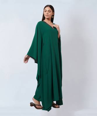 Pine Green Embroidered Neckline Full Length Kaftan With Belt 4