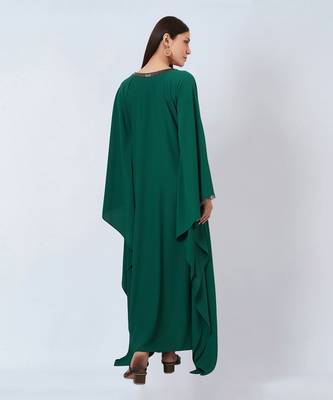 Pine Green Embroidered Neckline Full Length Kaftan With Belt 5