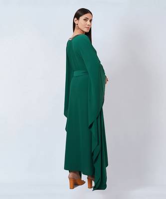 Pine Green Embroidered Neckline Full Length Kaftan With Belt 6