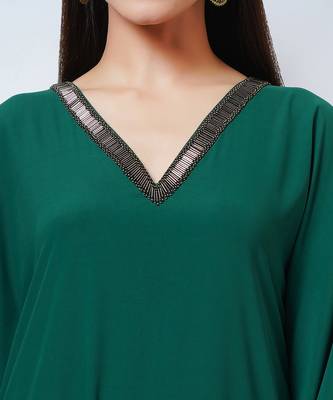 Pine Green Embroidered Neckline Full Length Kaftan With Belt 7