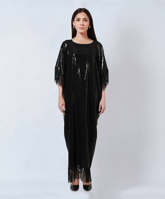 Black Sequin Full Length Kaftan With Fringe Detail 1