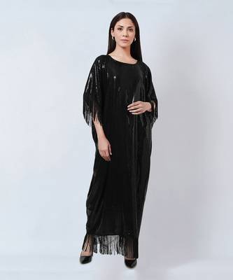 Black Sequin Full Length Kaftan With Fringe Detail 2