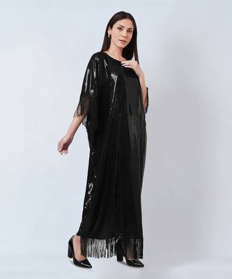 Black Sequin Full Length Kaftan With Fringe Detail 3