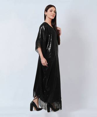 Black Sequin Full Length Kaftan With Fringe Detail 4