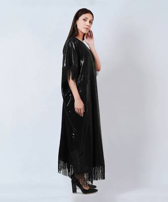Black Sequin Full Length Kaftan With Fringe Detail 5