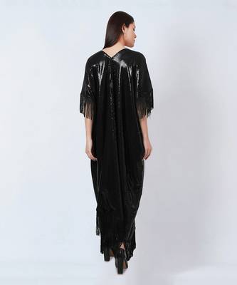 Black Sequin Full Length Kaftan With Fringe Detail 6