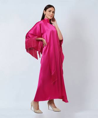 Hot Pink Full Length Kaftan With Fringe Detail 2