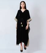 Black Silk Velvet Mid Length Kaftan With Gold Lace Detail