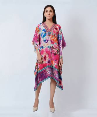 Multicoloured Botanical Print Silk Kaftan Tunic 1