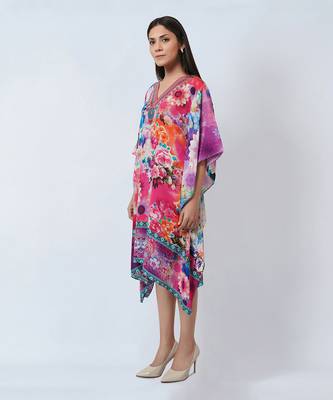 Multicoloured Botanical Print Silk Kaftan Tunic 5