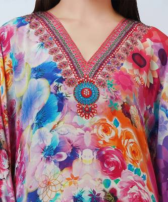 Multicoloured Botanical Print Silk Kaftan Tunic 7