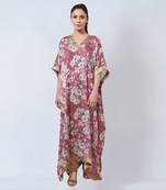 Blush Pink And Gold Floral Kaftan And Satin Straight Pants Set