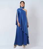 Azure Blue One-Shoulder Asymmetric Tunic And Wide Leg Pants