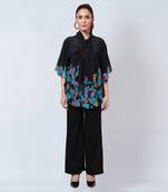 Black And Orange Floral Bow-Tie Top And Straight Pants Set