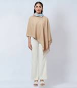 Beige Asymmetrical Cowl Neck Embellished Cashmere Poncho