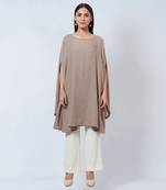 Taupe Embellished Long Cashmere Poncho