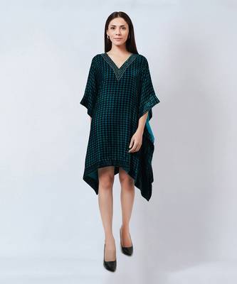 Teal Blue Crystal Embellished Houndstooth Silk Velvet Tunic 2