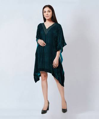 Teal Blue Crystal Embellished Houndstooth Silk Velvet Tunic 3