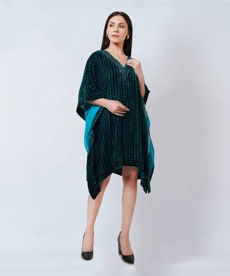 Teal Blue Crystal Embellished Houndstooth Silk Velvet Tunic 4