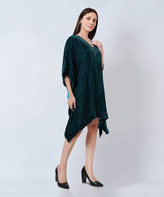 Teal Blue Crystal Embellished Houndstooth Silk Velvet Tunic 5