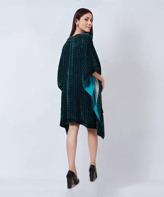 Teal Blue Crystal Embellished Houndstooth Silk Velvet Tunic 6