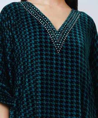 Teal Blue Crystal Embellished Houndstooth Silk Velvet Tunic 7