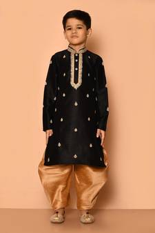 Black embroidered art silk boys-dhoti-kurta