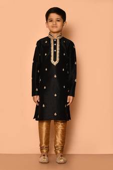 Black embroidered art silk boys-kurta-pyjama