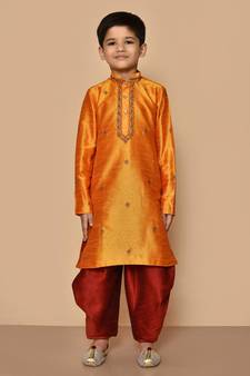 Orange embroidered art silk boys-dhoti-kurta