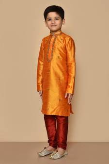 Orange embroidered art silk boys-kurta-pyjama