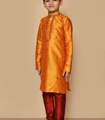Orange embroidered art silk boys-kurta-pyjama