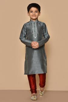 Grey embroidered art silk boys-kurta-pyjama